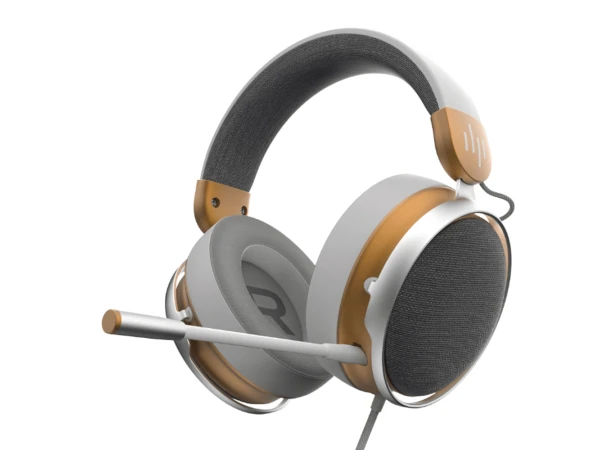 White and orange over-ear gaming headset with a built-in microphone on a boom, wired connection