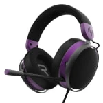 Purple and black over-ear gaming headset with an attached boom microphone.